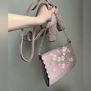 Embroidered Floral Pink Handbag and Block Heels
